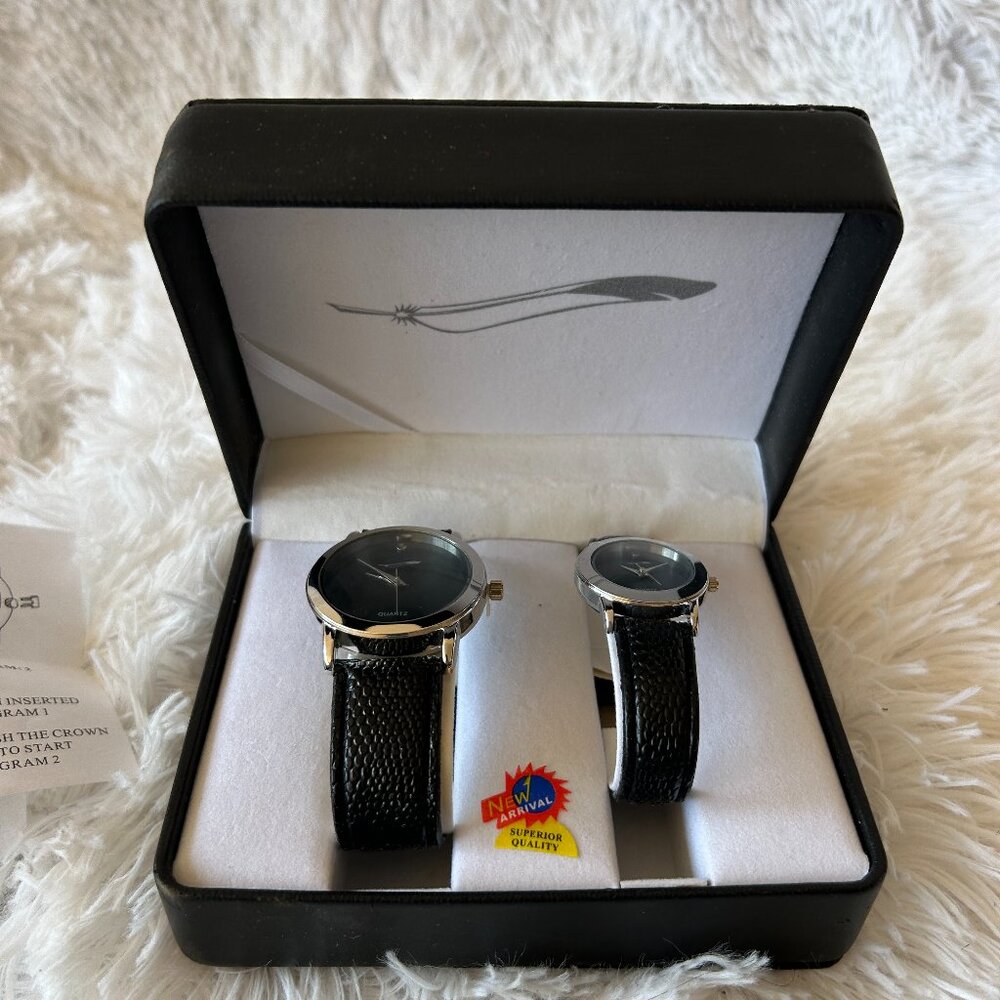His and Hers Quartz Watch Set Black Band New in‎ Box VTG